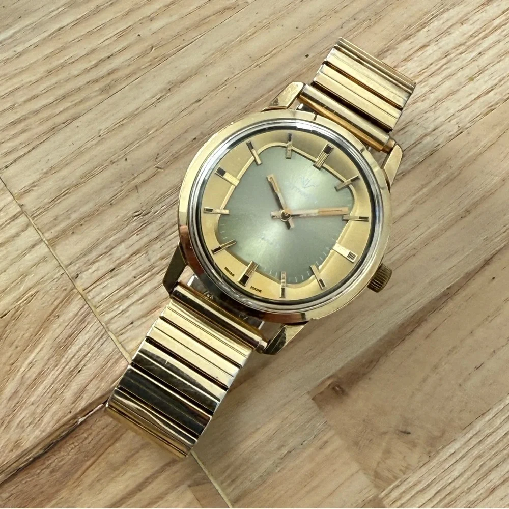 Wittnauer Geneve Ultra Rare Automatic Vintage Watch Gold Case Unique Dial Works